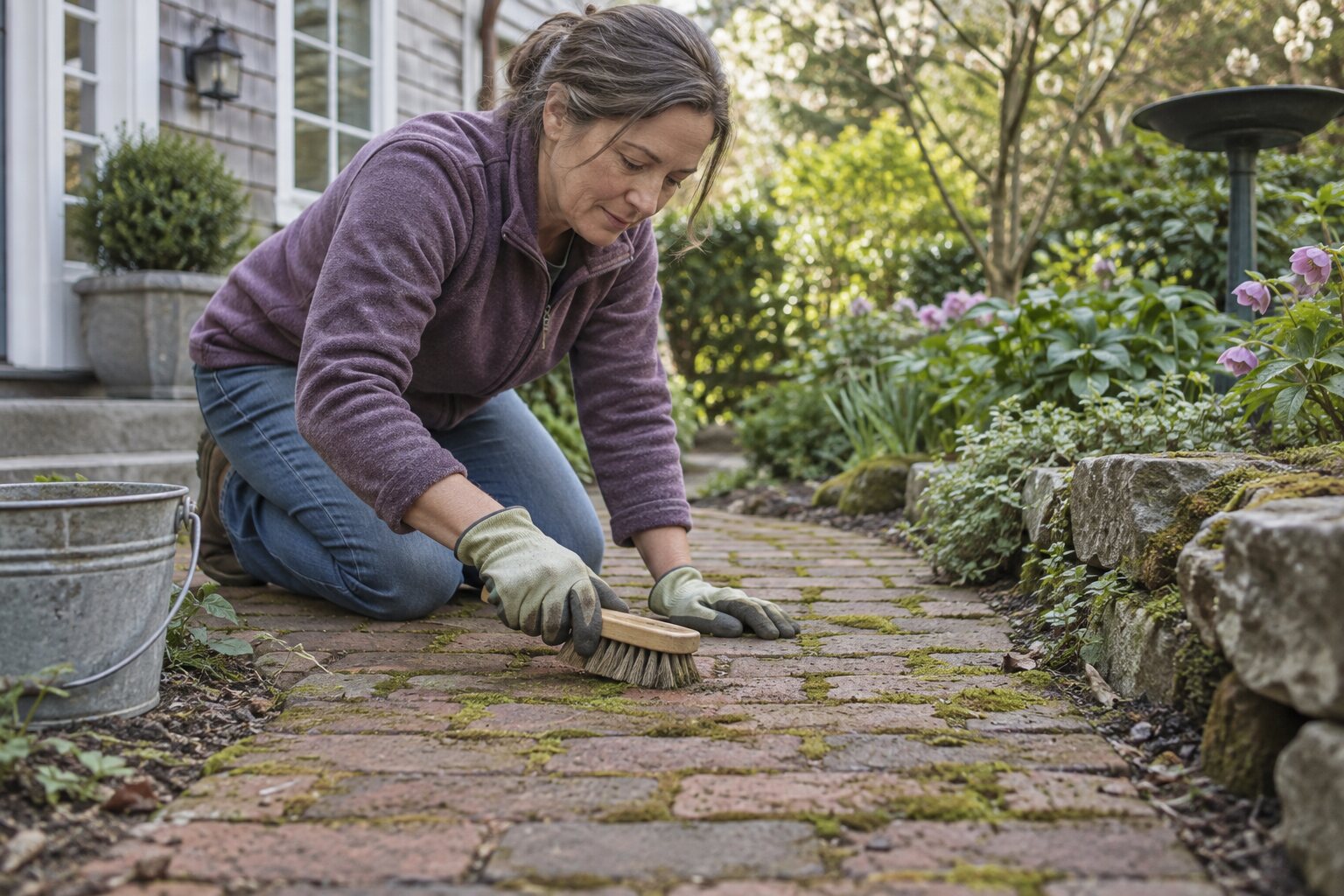 How to Brush Moss from a Brick Garden Walkway