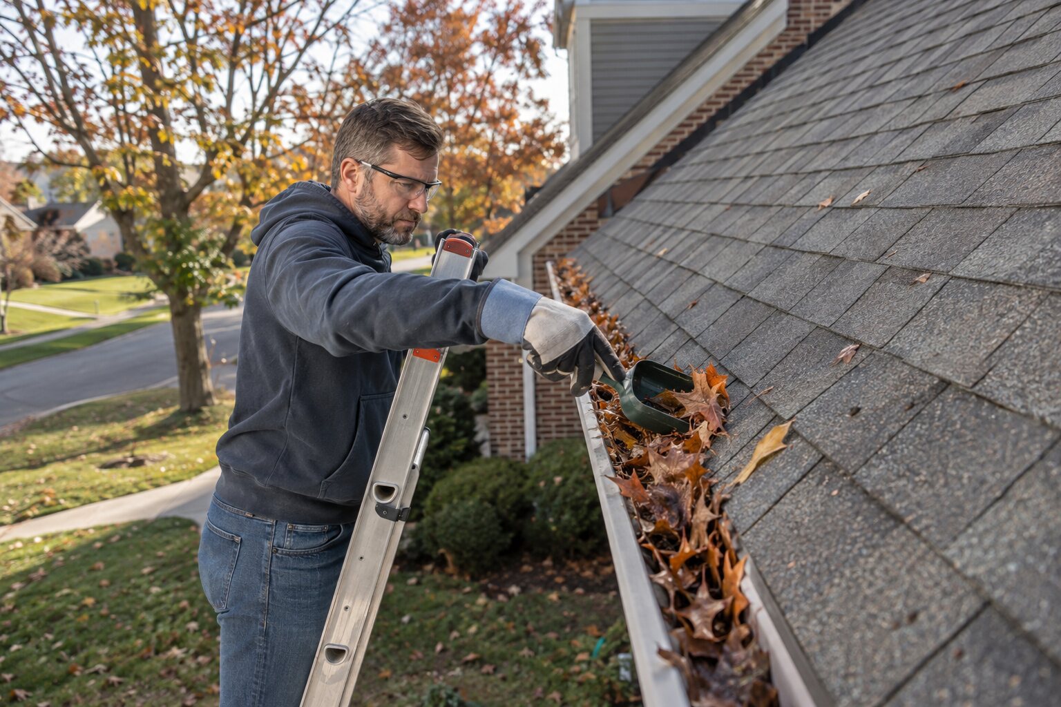How to Clear Leaves from a Gutter with a Safer Ladder Setup
