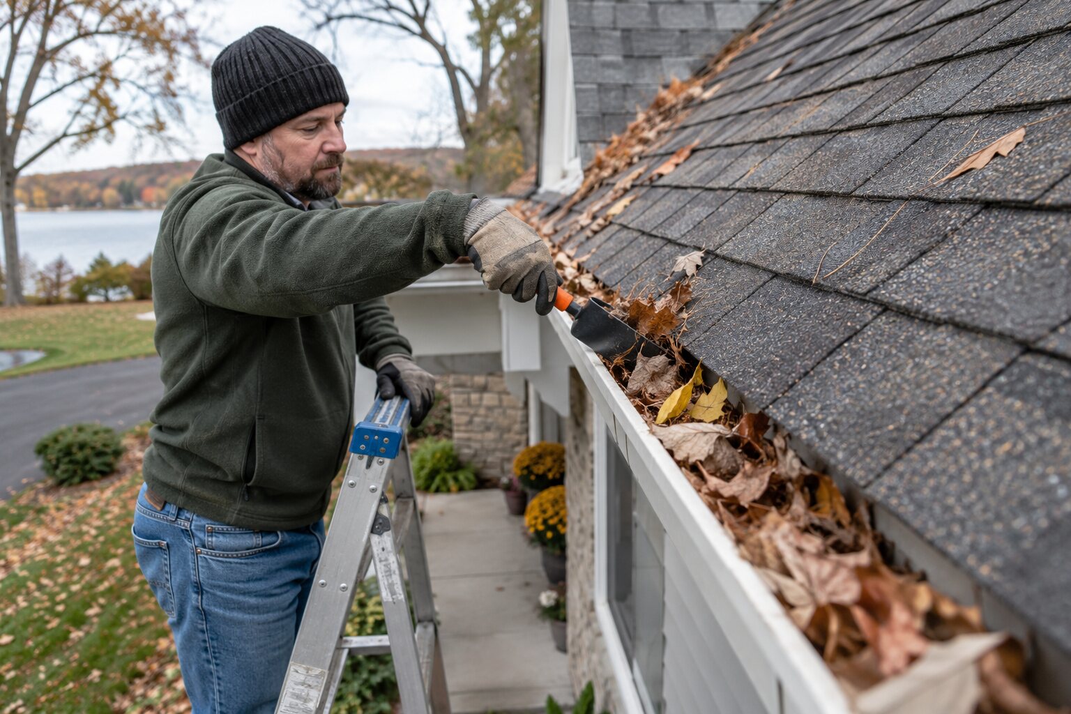 How to Clear Leaves from a Roof Gutter with Better Safety
