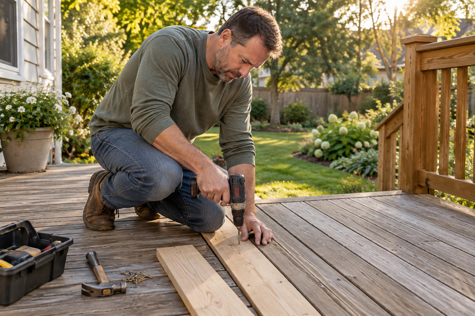Homeowner repairing a damaged wood deck board with a cordless drill