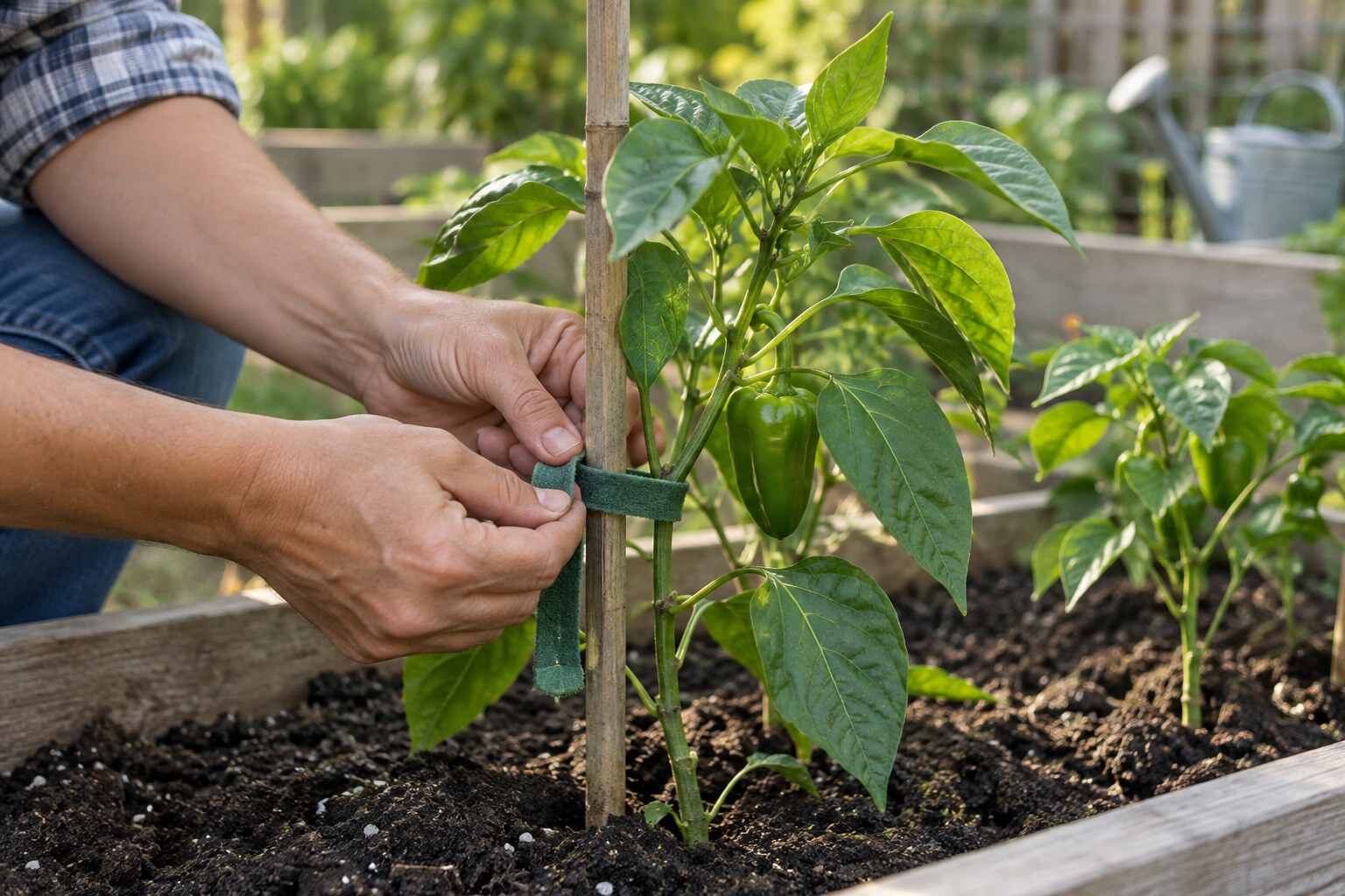 How to Tie a Young Pepper Plant to a Soft Support